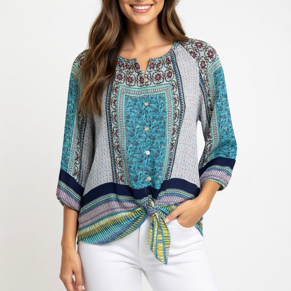 Roz & Ali Boho 3/4‎ Sleeve Blouse Multicolor Print Waist Tie Medium Petite